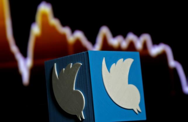 A 3D printed Twitter logo is seen in front of displayed stock graph in this illustration picture made in Zenica, Bosnia and Herzegovina, February 3, 2016. REUTERS/Dado Ruvic