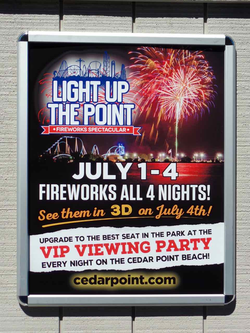 Cedar Point Amusement Park advertisement: July 1 - 4, Fireworks All 4 Nights! See them in 3D on July 4th!