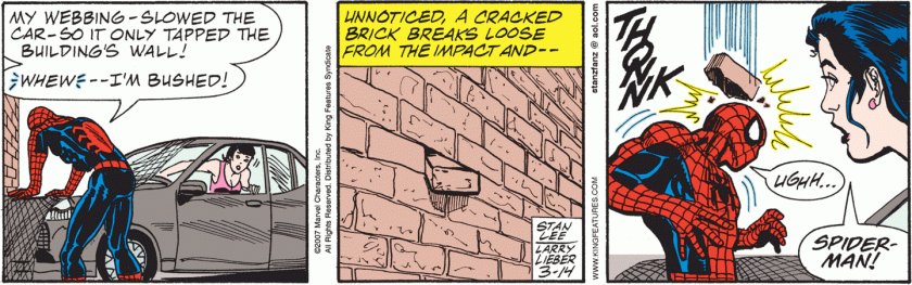 Spider-Man, having stopped a car from crashing full-speed into a wall, fails to notice a cracked brick coming loose. It THONNKs him on the head, which *that* he notices.