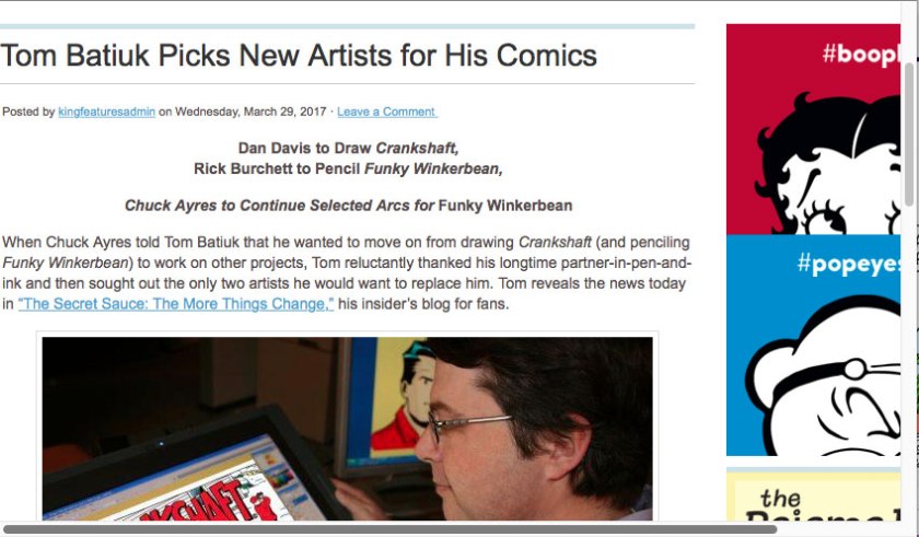 'Tom Batiuk Picks New Artists for His Comics', announcing the retirement of Chuck Ayres [sic], whose name has been spelled 'Ayers' on the comics page for years now.