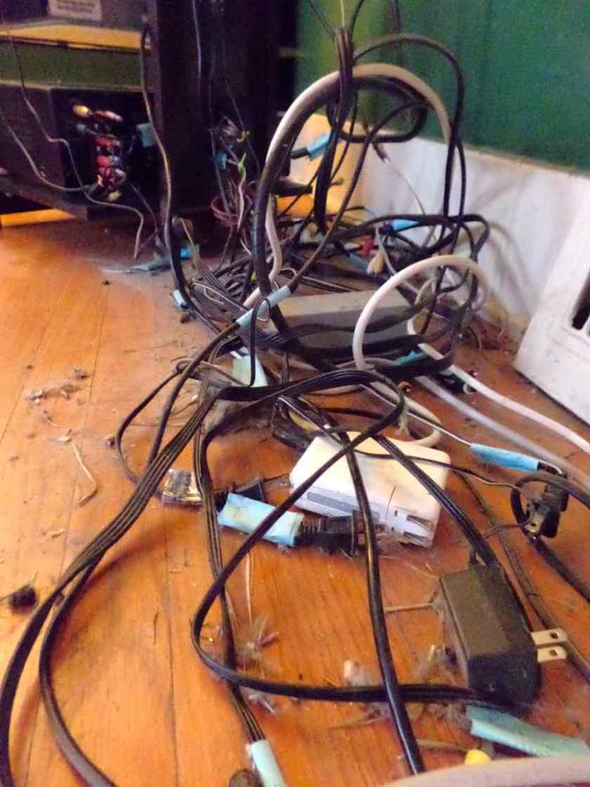 The tangling and twisted mass of power cords, power bricks, and dust that was behind our TV stand. It's quite the mess.