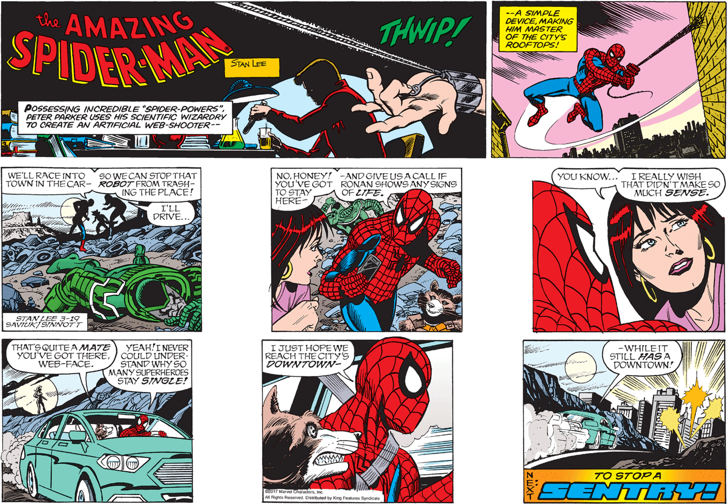 Spider-Man: 'We'll race to town in the car so that we can stop that ROBOT from trashing the place!' Mary Jane: 'I'll drive.' Spider-Man: 'No, honey --- you've got to stay here and give us a call if Ronan shows any signs of life.' Mary Jane: 'You know, I really wish that didn't make so much sense.' Rocket: 'That's quite a mate you've got there, web-face.' Spider-Man: 'Yeah! I never could understand why so many superheroes stay single. I just hope we reach the city's downtown while it still has a downtown!'