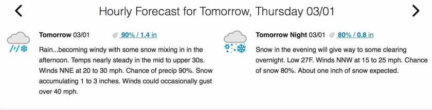 Hourly forecast for tomorrow, Thursday 03/01: Snow accumulating 1 to 3 inches during the day. About one inch of snow expected overnight. Plus some other weather.