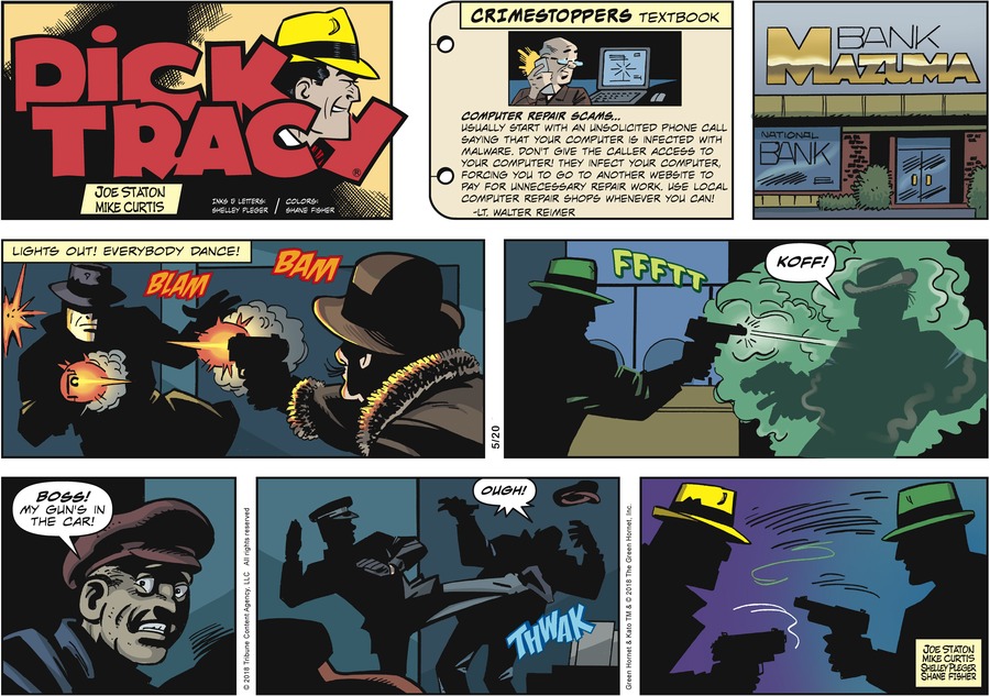 [ LIGHTS OUT! Everybody dance! ] (Dick Tracy and Topper shoot at each other. Green Hornet shoots someone with his gas gun.) Topper's Chauffer: 'BOSS! My gun's in the car!' (Kato kicks the chauffer. Dick Tracy and Green Hornet face each other.)