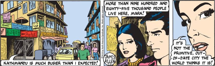 Looking over the city streets. Mark Trail: 'Kathmandu is much busier than I expected!' Genie: 'More than 985,000 people live here, Mark! It's not the primitive, out-of-date city the world thinks it is!'