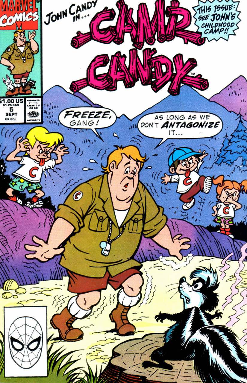 Camp Candy comic book, showing a frightened Counsellor Candy looking over a no less alarmed skunk. Candy says to the campers, 'Freeze, gang! As long as we don't ANTAGONIZE it ... '
