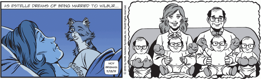 [ As Estelle dreams of being married to Wilbur ... ] Panel of sleeping Estelle being watched over by Libby the cat. Next panel: a dream-future family portrait of Estelle and Wilbur, with four identical pudgy babies, each wearing boxing gloves and with the eyeglasses and hair of Wilbur.
