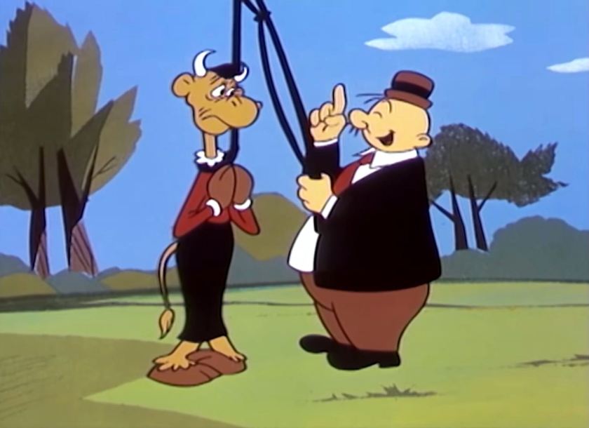 Wimpy, smiling, holding a fishing pole with an end tied into a loop. Caught on the loop is an Olive Oyl who's a biped cow, clutching her hooves together and looking distressed.