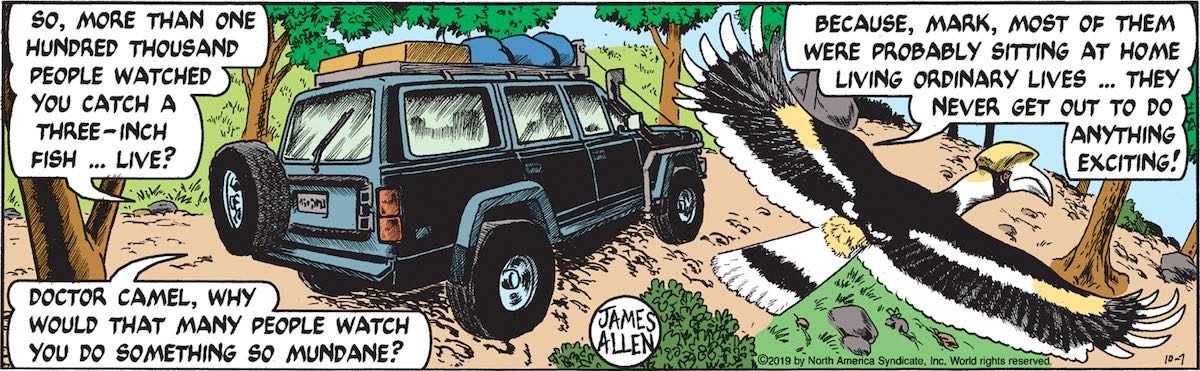Mark Trail: 'So more than a hundred thousand people watched you catch a three-inch fish ... live? Dr Camel, why would that many people watch you do something so mundane?' Camel: 'Because, Mark, most of them were probably sitting at home living ordinary lives ... they never get out to do anything exciting!'