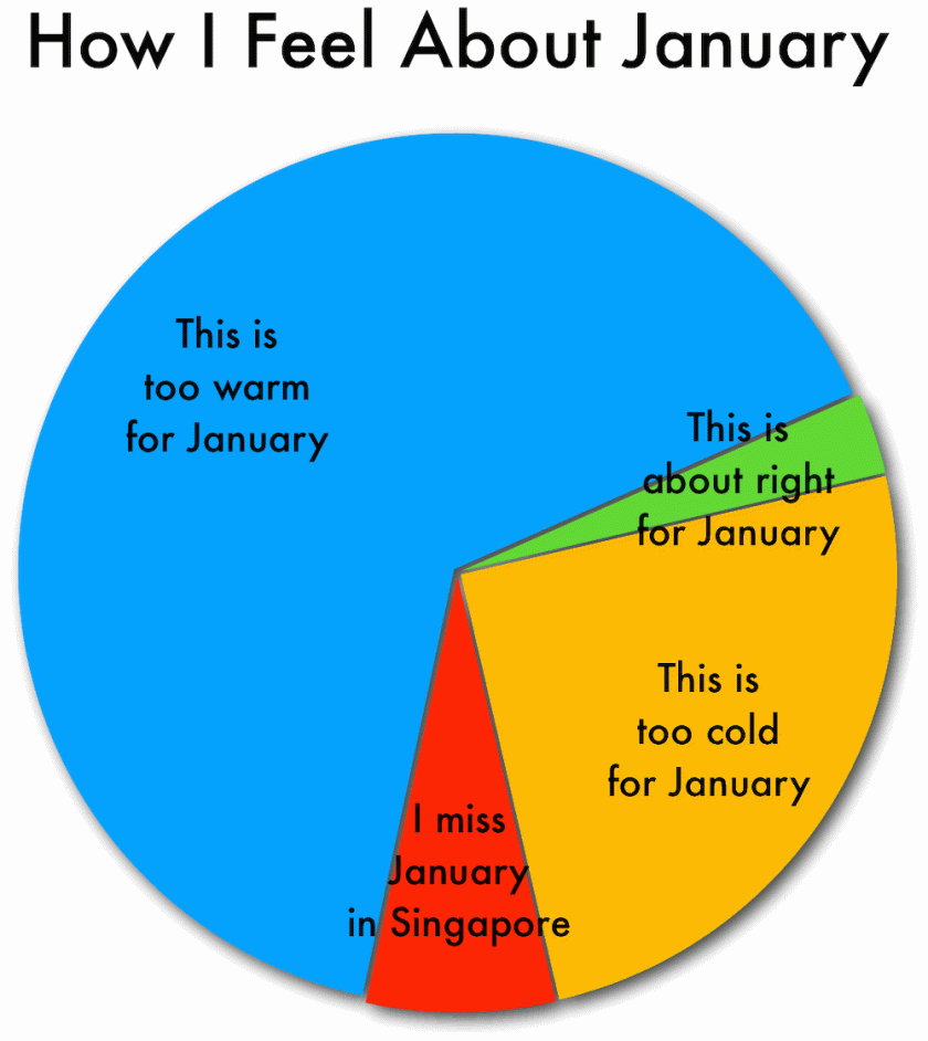 Mostly: 'This is too warm for January'. A sliver: 'This is about right for January.' A small chunk: 'This is too cold for January'. An appreciable hunk: 'I miss January in Singapore.'
