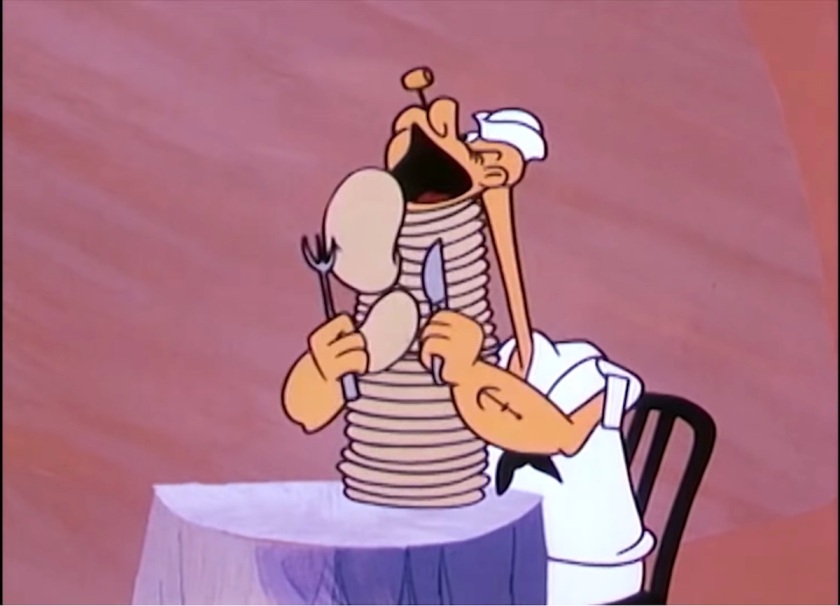 Popeye sitting at a table, with his neck stretched out several feet so his chin can rest atop a giant stack of pancakes. His mouth is open into this enormous conical gaping maw and he's tossing a pancake up into it.
