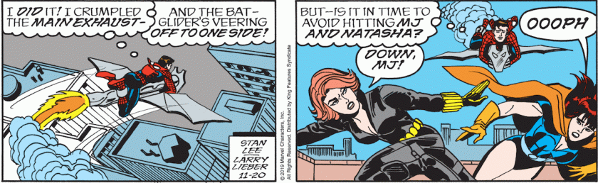 Spider-Man, chained to the bat-glider rocket, thinking: 'I did it! I crumpled the main exhaust! And the bat-glider's veering off to noe side! But is it in time to avoid hitting MJ and Natasha?' Black Widow, 'DOWN, MJ!' Mary Jane, shoved over: 'OOOPH'