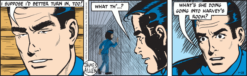 Mark Trail: 'I suppose I'd better turn in, too!' (He sees Genie going into Camel's room.) 'What th' ... What's she doing going into Harvey's room?'