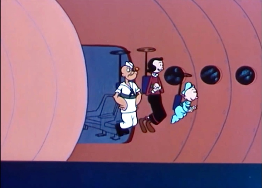 Popeye, Olive Oyl, and Swee'Pea emerge from the rocket ship. They each wear small propellers above their heads, attached by poles to a mechanism strapped to their chests, to float around.