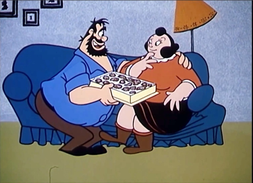Brutus offering a big box of chocolates to an extremely overweight Olive Oyl. The sofa they're sitting on is buckling under her weight.