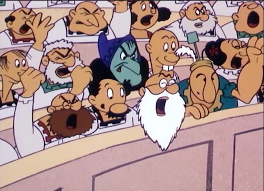 Scene of the audience in the Colosseum. The front two rows are filled with mostly minor characters from Popeye/Thimble Theatre.