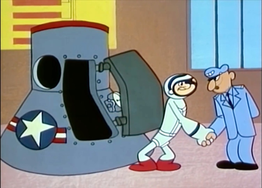 Popeye, in a spacesuit, shaking a general's very long arm. He's outside a space capsule which has a sharp bend in its midsection, and a door that bends to match that, so it's not clear how the hinges would work on that. The deadbolt-style time lock is on the hinged side of the door, instead of where it would most effectively block the door.