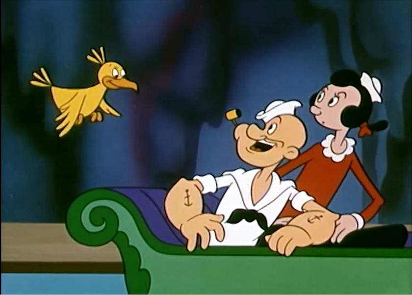 The Whiffle Bird is about to land on the Tunnel of Love boat. Popeye is delighted to see Whiffle; Olive looks surprised but interested.