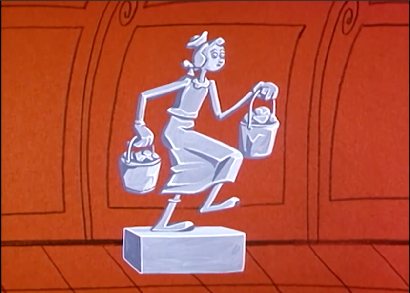 Olive Oyl, carrying two buckets full of treasure, is turned to stone and stands mid-step on a plinth inside a long tunnel.