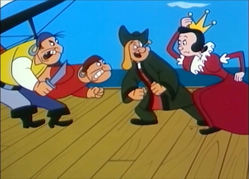 Popeye, dressed as Columbus, and Olive Oyl, as the Queen, stand on the deck of a ship ready to fight a couple of mutineers.