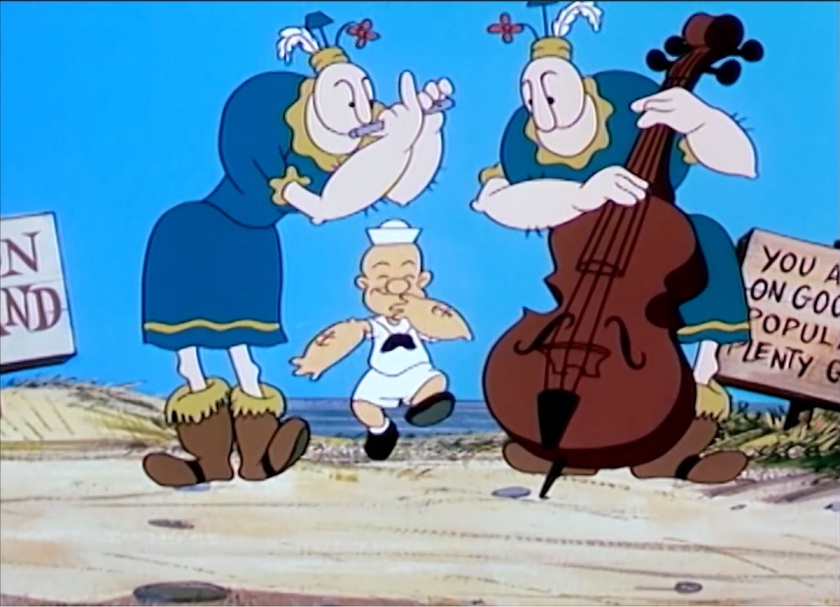 Kid Popeye dancing the Sailor's Hornpipe, while two Goons play flute and cello for him.