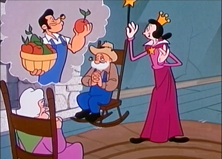 Scene of Poopdeck Pappy, dressed as a farmer, in a rocking chair; he and his wife are thinking of a son, who's Popeye in overalls with Elvis hair holding up a bushel of apples. Olive Oyl, as a fairy princess, watches over and waves her magic wand at this scene.