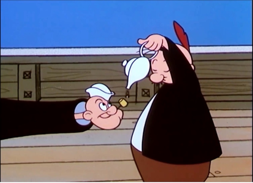 Popeye is trapped in the muzzle of a cannon. Wimpy, wearing a bird feather Indian-style, pours tea almost but not quite into Popeye's pipe.