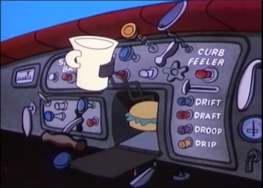 Ridiculously overcomplicated car dashboard, with many buttons and dials and switches and levers, including buttons for the Curb Feelers, the drift, the draft, the droop, and the drip. Popeye has pressed the 'Snack Bar' and the car is producing from a slot in the dashboard a coffee cup and a hamburger.