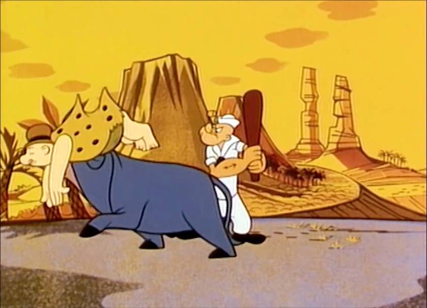 Popeye holds up a club. Meanwhile, Caveman Wimpy is carried off on the horns of a cow-dinosaur.