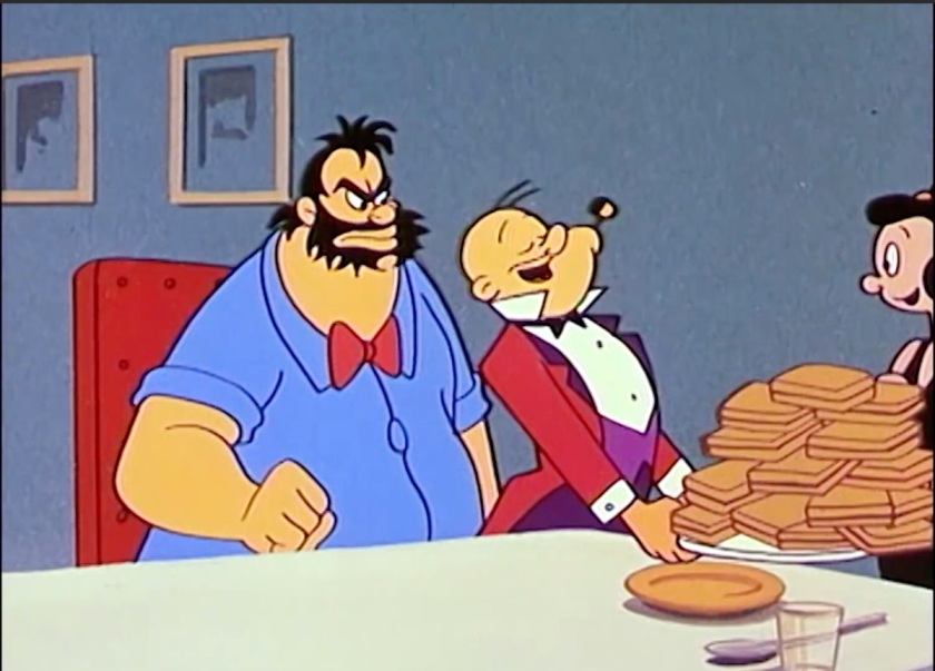 Popeye as butler serving a plate with no fewer than fourteen sandwiches on it to Olive Oyl and Brutus. Olive Oyl's delighted to see him. Brutus is annoyed with the introduction