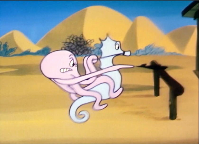 Octopus desperado riding the back of a sea horse and shooting ink from their tentacles back at the bar they were just thrown out of. In the backdrop are great sandy mountains. The whole picture is blurry in that wavy underwater effect cartoons use.