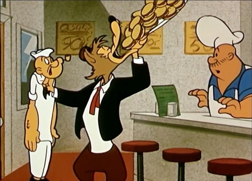 In Rough House's Diner, Were-Wimpy holds up a stunned Popeye in one hand while he swallows a tray full of dozens of hamburgers held in the other hand. Rough House looks on, startled.