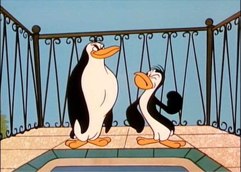 Two penguins, with builds and stances which evoke Brutus and Popeye. The Popeye penguin is rolling his arm up, about to slug the Brutus penguin.