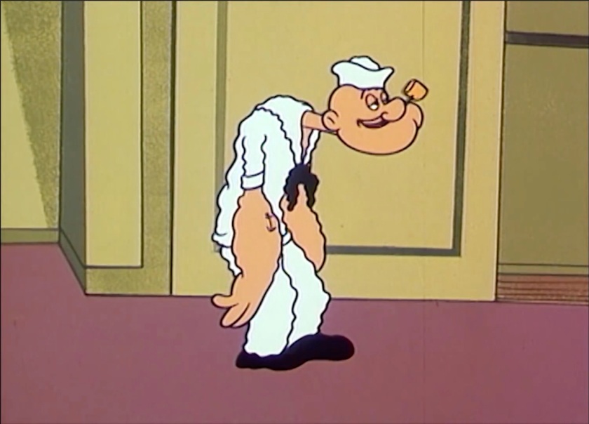 Popeye standing, but his head is lowered in weariness, and his body is drawn all jaggedy, as though he had been crumpled up and quickly straightened out again.