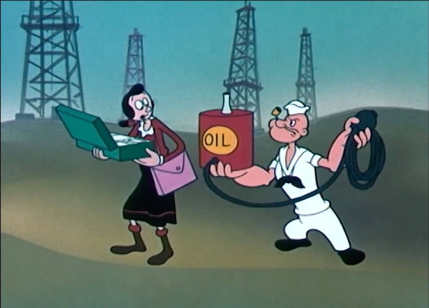 At an oil field, an angry Popeye holds up a barrel labelled 'OIL' and the hand pump squeezing oil out of it. Olive Oyl looks shocked and horrified by this.