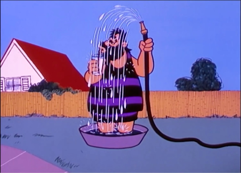 Sad-looking Brutus wearing his bathing suit and standing in a washtub of water, holding a garden hose on himself and sipping a drink.