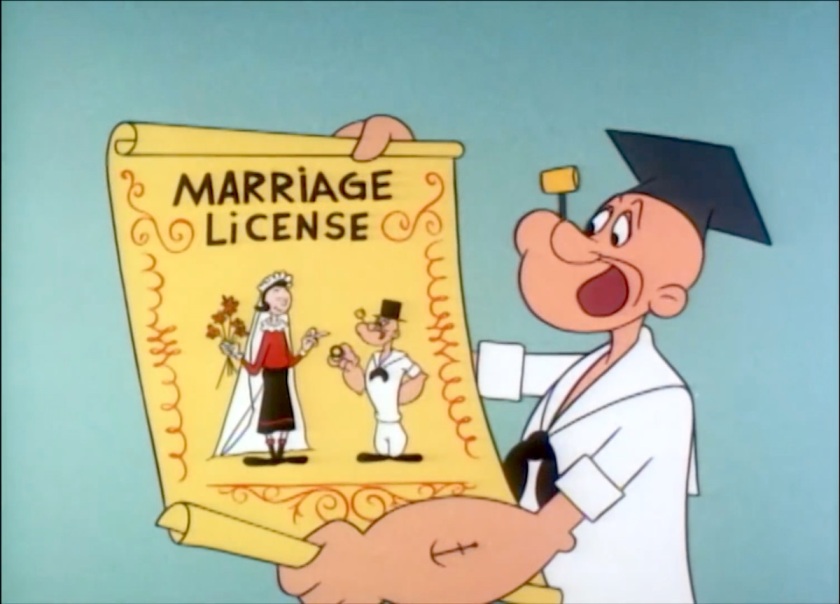A shocked Popeye, wearing an academic cap, looking at the diploma he's unrolled to discover it's a Marriage License, showing Olive Oyl and Popeye readying to marry.