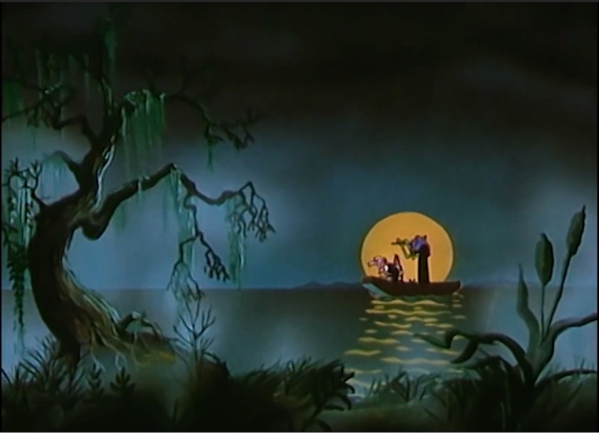 Dark, foggy, swamp-bound scene of the Sea Hag on a raft, the full moon in back of her. She plays her flute with her vulture sitting up ready to launch.