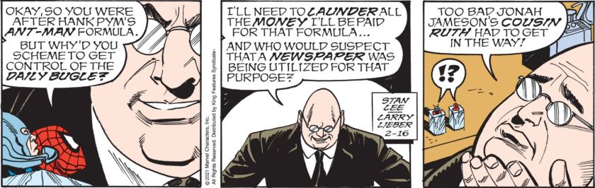 Tiny Spider-Man, encased in a box: 'Okay, so you were after Hank Pym's Ant-Man formula. But why'd you scheme to get control of the Daily Bugle?' Egghead: 'I'll need to launder all the money I'll be paid for that formula ... and who would suspect that a newspaper was being utilized for that purpose? .... Too bad Jonah Jameson's COUSIN RUTH had to get in the way!' Tiny Spider-Man and Tiny Ant-Man, similarly encased, exclaim shock and surprise.