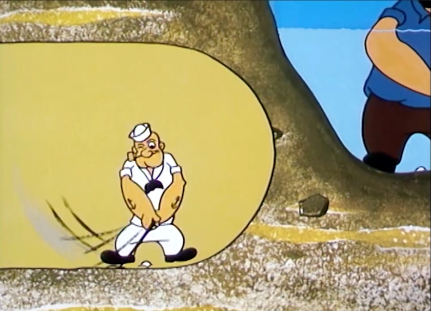 Cutaway view showing underground that Popeye is digging a tunnel in his attempts to hit the golf ball. The tunnel is dangerously close to the water hazard, in which Brutus stands, trying to hit his own submerged golf ball.