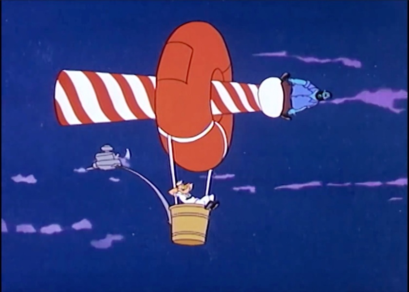 Popeye rests in a hot-air-balloon basket, which hangs from a giant overinflated rubber-tire doughnut, and propelled by a small car engine hanging off the back. Through the center of the doughnut is the candy-cane-striped North Pole. On the top of the North Pole (in front of Popeye) is a frozen Brutus.
