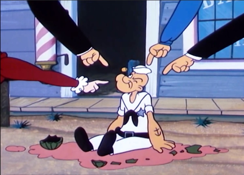 A sad-looking Marshall Popeye sits, humiliated, on a smashed watermelon while surrounded by a circle of accusatory pointing arms.