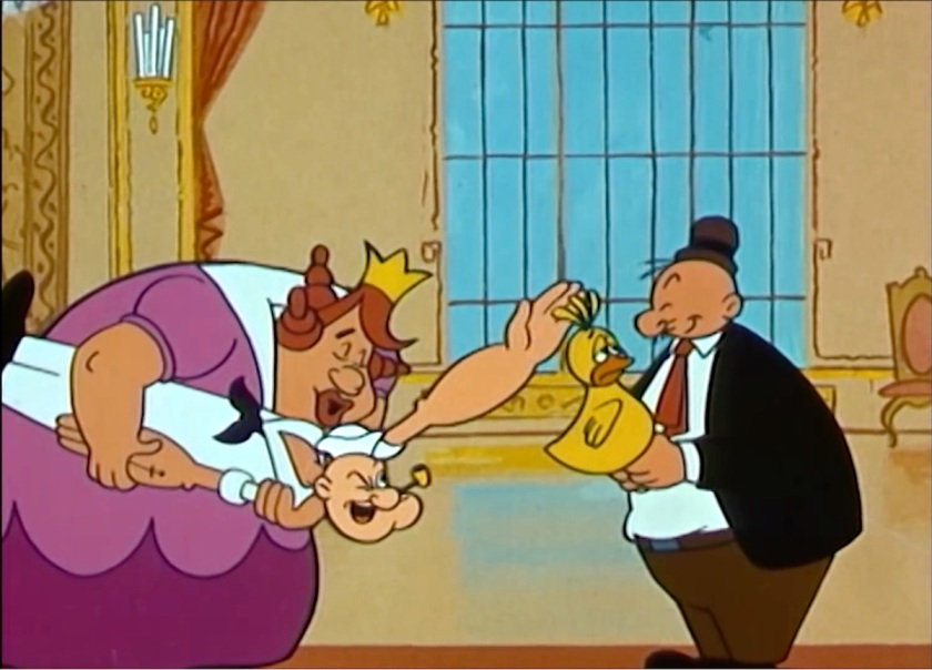 In a vaguely medieval castle, a large and ugly Princess holds Popeye in her arms and off the ground. Popeye's reaching a hand eagerly to the Whiffle Bird, who looks sad at having been captured again by Wimpy.
