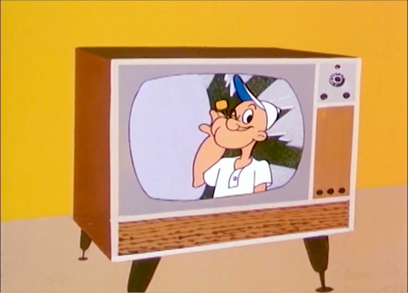 Picture of a 1960-style TV set, with a smiling Popeye on screen sliding a pristine blank background in place of a 'broken' picture.