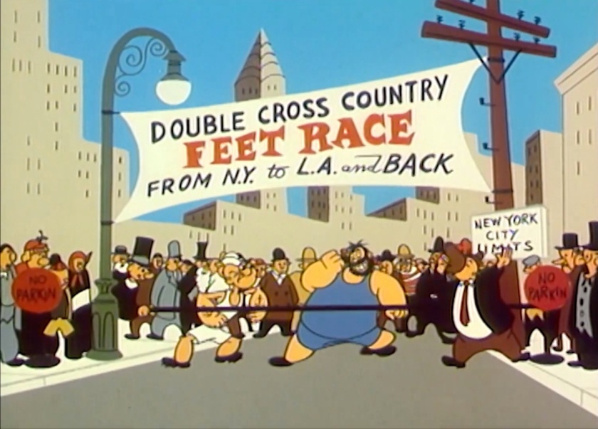 Popeye and Brutus stand behind the starting line of the 'Double Cross Country FEET RACE - From NY to LA and Back'. A sign establishes this is at the New York City Limits. Wimpy, the referee, holds his megaphone backwards in front of his face.