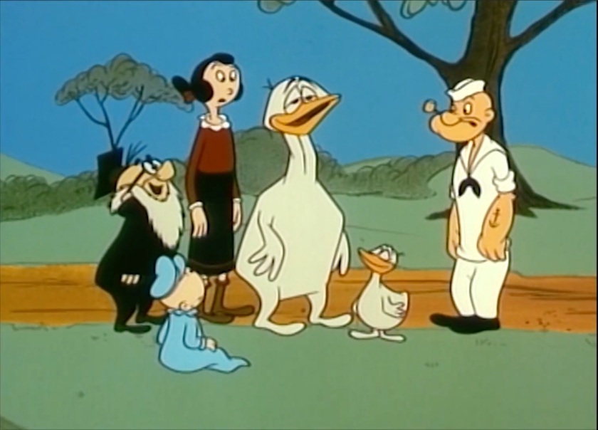 Swee'Pea, Professor Wotasnozzle, Olive Oyl, and Popeye standa around looking at the Whiffle Hen and the Whiffle Chick. The Whiffle Hen's a roughly ordinary chicken-size bird. The Chick is quite large, about as tall as Popeye, and has a vaguely cubical body and head, and with the beak at a weird angle looks with half-lidded eyes towards the camera.