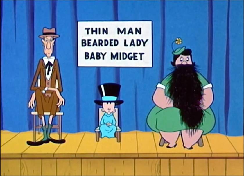 Sitting on stage are a thin man, Swee'Pea wearing a top hat, and a bearded lady. The sign behind them reads, in order, 'THIN MAN // BEARDED LADY // BABY MIDGET''