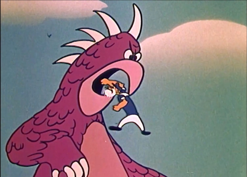 A giant pink/maroon Godzilla-style sea monster has their beak wide open. Poopdeck Pappy is standing, floating in midair, punching the monster's open mouth.