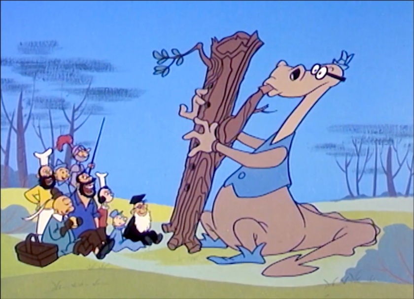 Silky, a large dragon wearing blue vest, cap, and shoes, plays the trunk of a tree as if it were a flute. A crowd of Thimble Theatre regulars --- Wimpy, Brutus, Olive Oyl, Swee'Pea, Professor Wottasnozzle, et cetera --- sit on the ground watching eagerly.