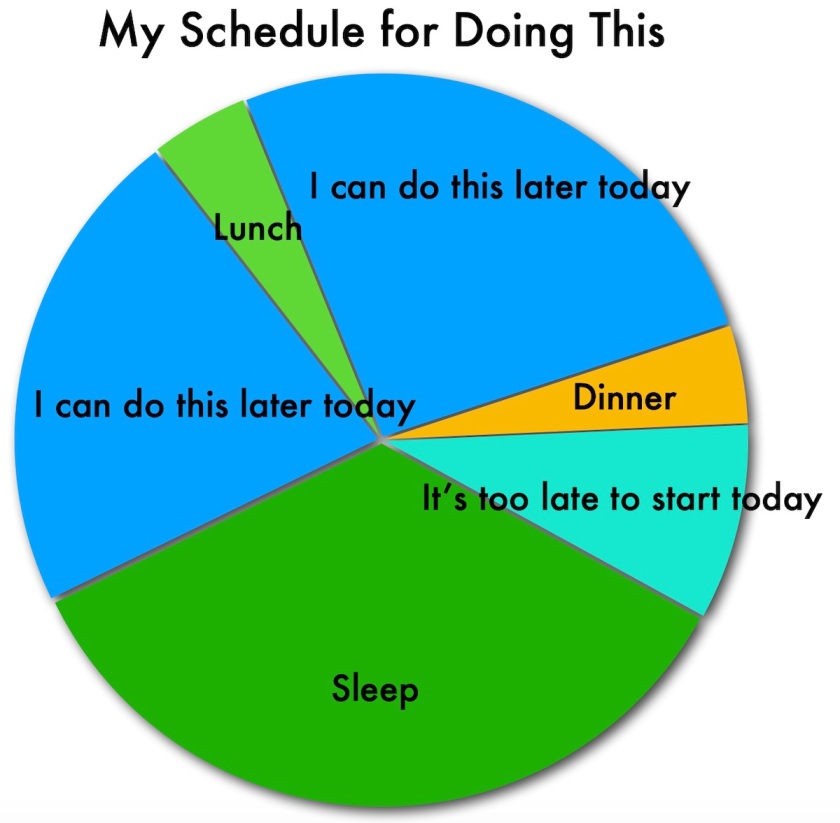 About half the day is marked 'I can do this later today'. Small wedges are marked 'Lunch' and 'Dinner'. A wedge larger than either meal is marked 'It's too late to start today'. And a third of the day is 'Sleep'.